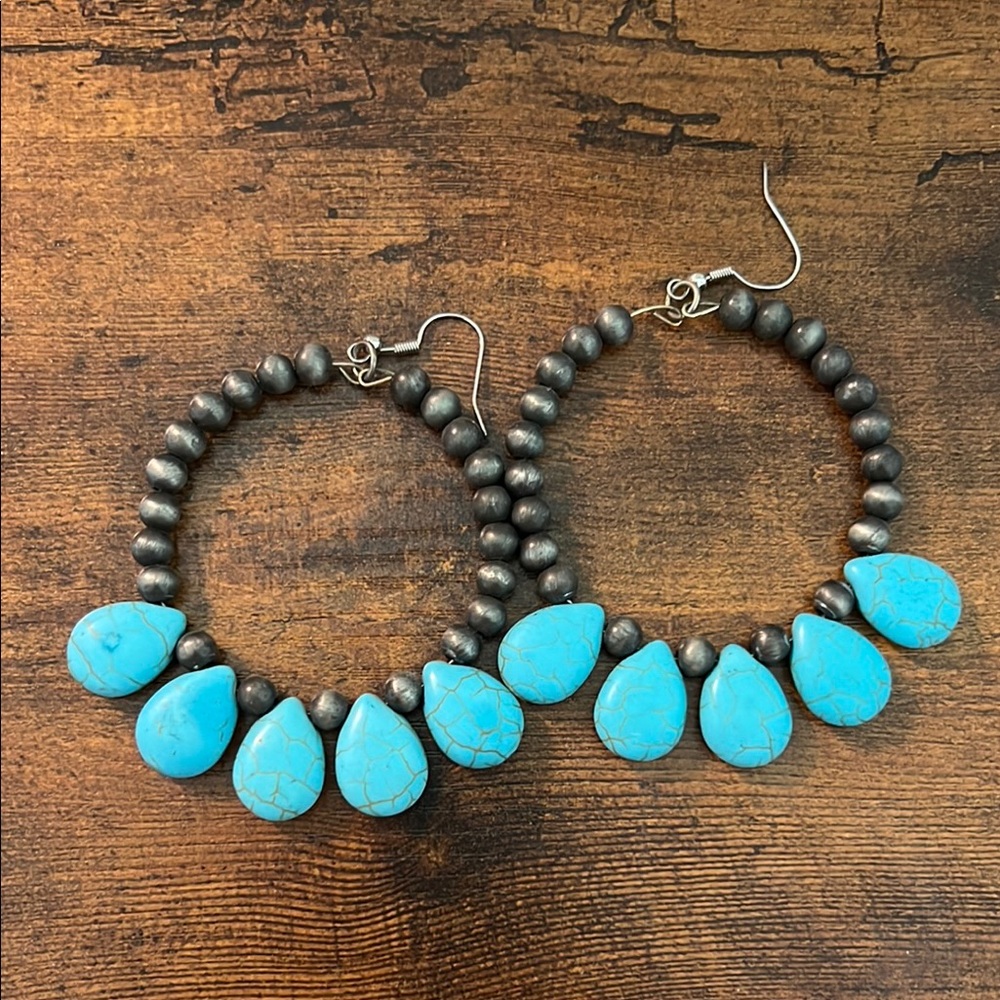 Faux Turquoise and Silver Beaded Hoop Earrings